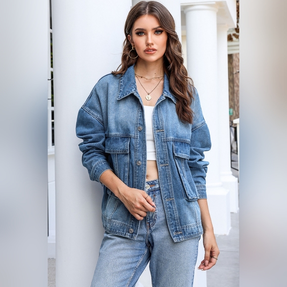 SALE 20% OFF Women's Button Up Dropped Shoulder Denim Jacket with Pockets - Picture 5 of 5